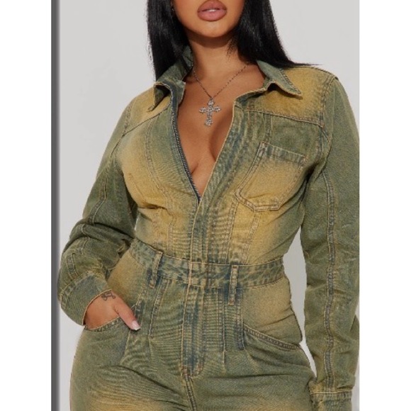 Fashion Nova Pants - Fashion Nova Treat You Well Vintage Wash Denim Jumpsuit Green Yellow Medium NEW